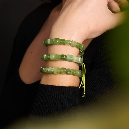 Olivenquarz | Silber | Edelstein-Kieselstein-Makramee-Armband